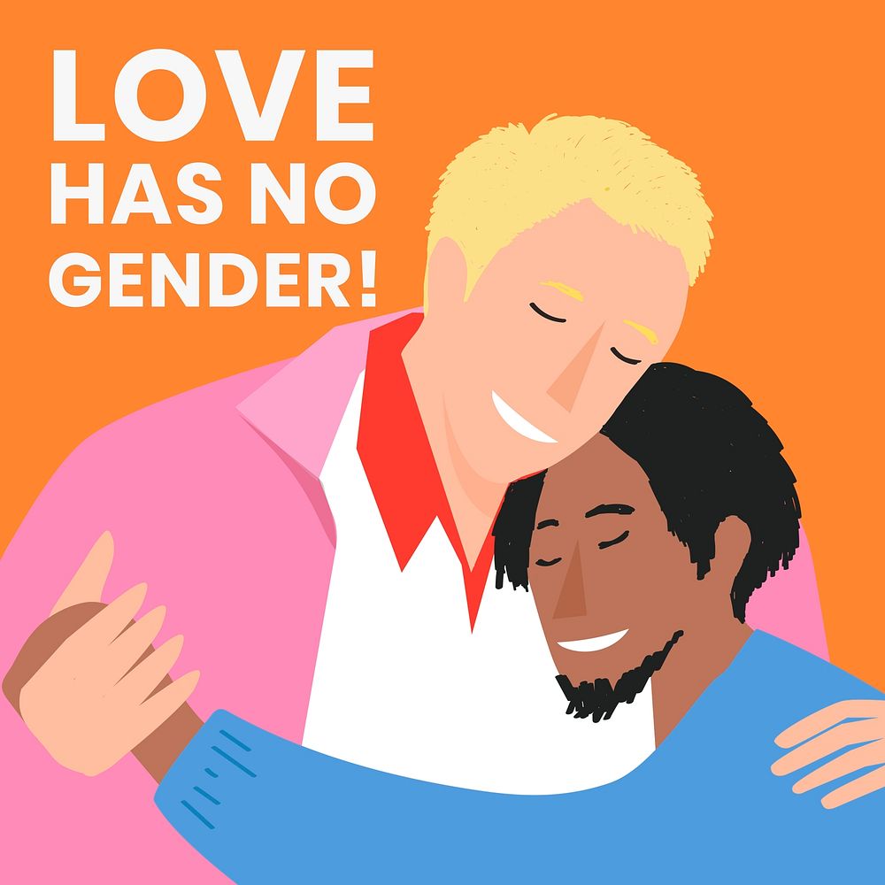 Interracial gay couple embracing with love has no gender! text