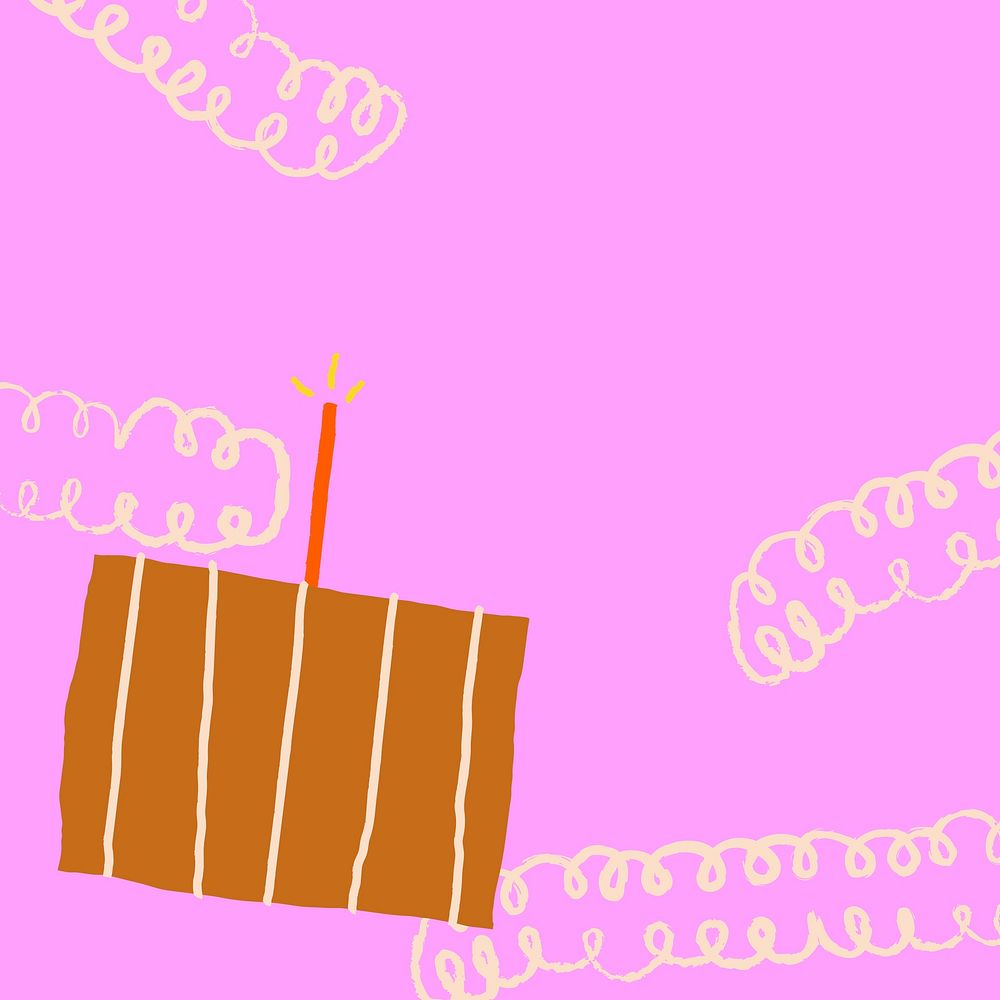 Pink doodle birthday background vector with cute cake