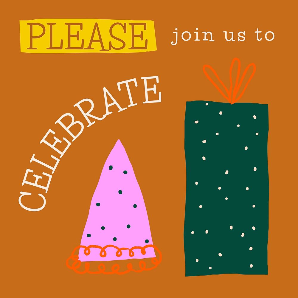 Cute birthday colorful greeting social media post with please join us to celebrate