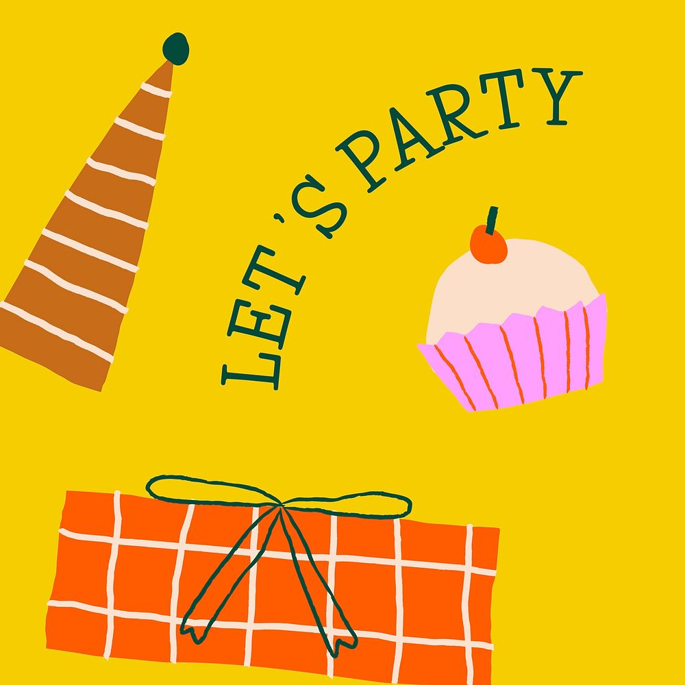 Cute birthday colorful greeting social media post with let's party
