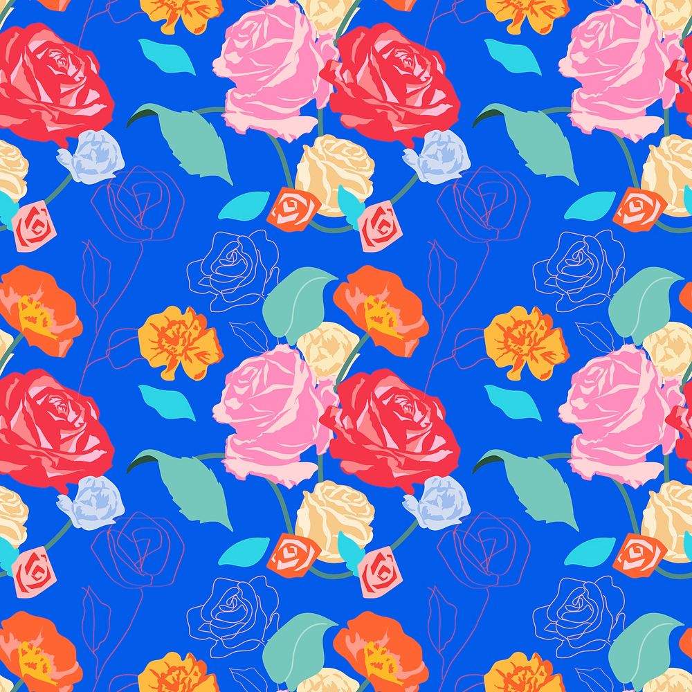 Pink aesthetic floral pattern with roses blue background