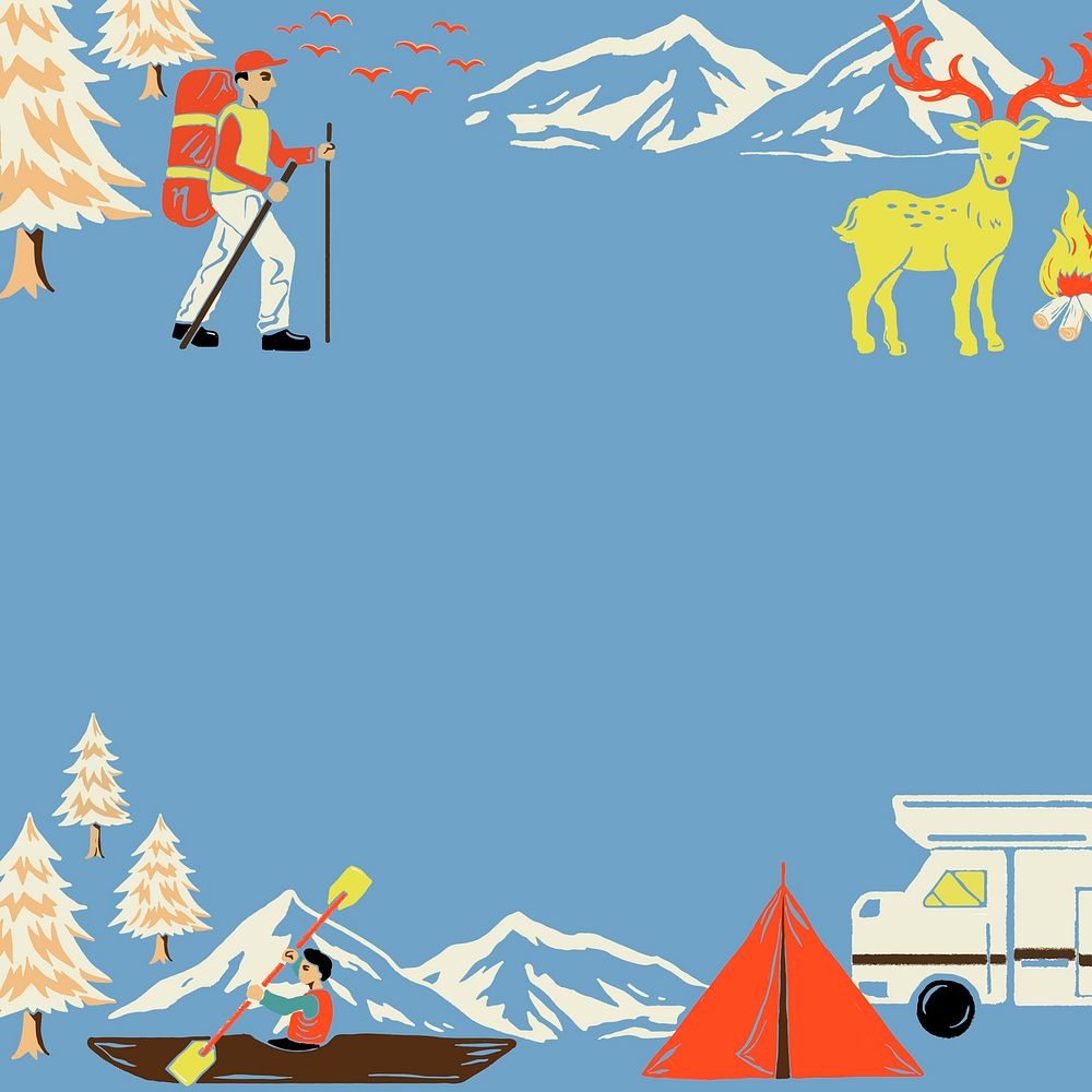 Camping trip frame vector with tourist cartoon illustration