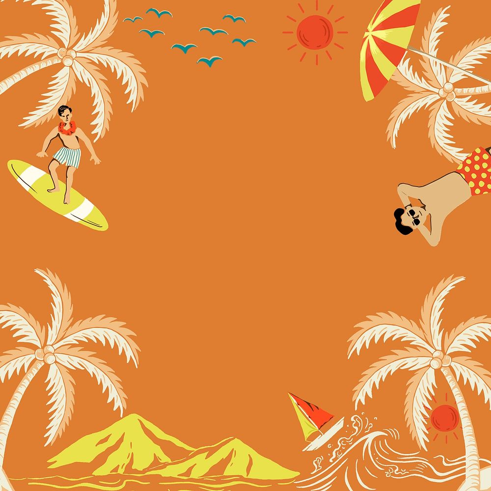 Tropical island frame vector with tourist cartoon illustration