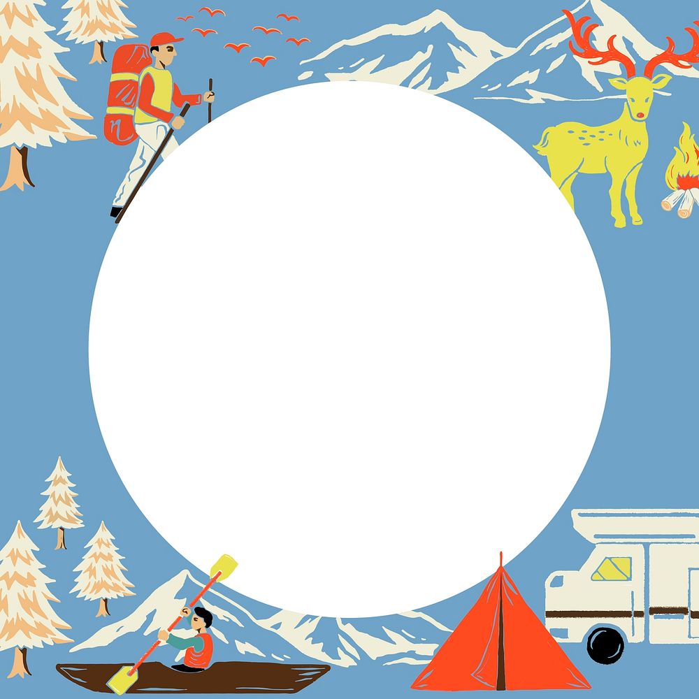 Camping trip blue frame vector in circle shape with tourist cartoon illustration