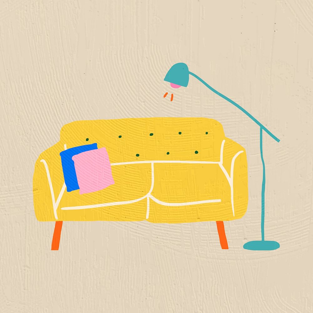 Hand drawn yellow sofa furniture  in colorful flat graphic style