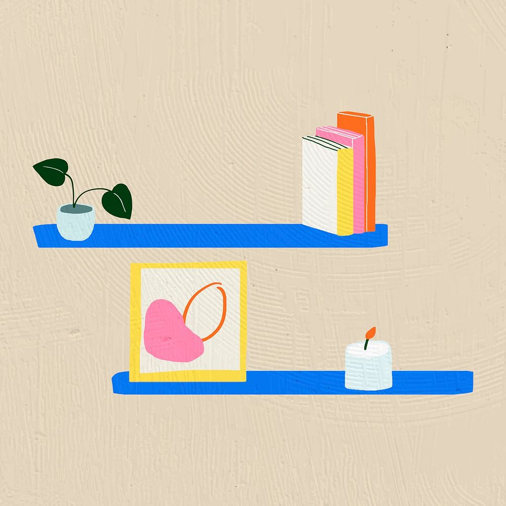 Hand drawn shelves home decor in colorful flat graphic style
