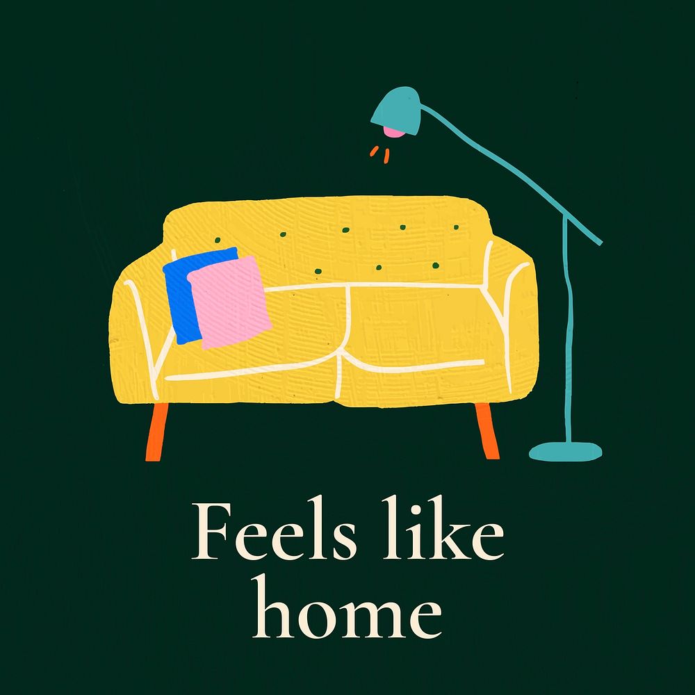 Feels like home text on colorful hand drawn interior flat graphic background