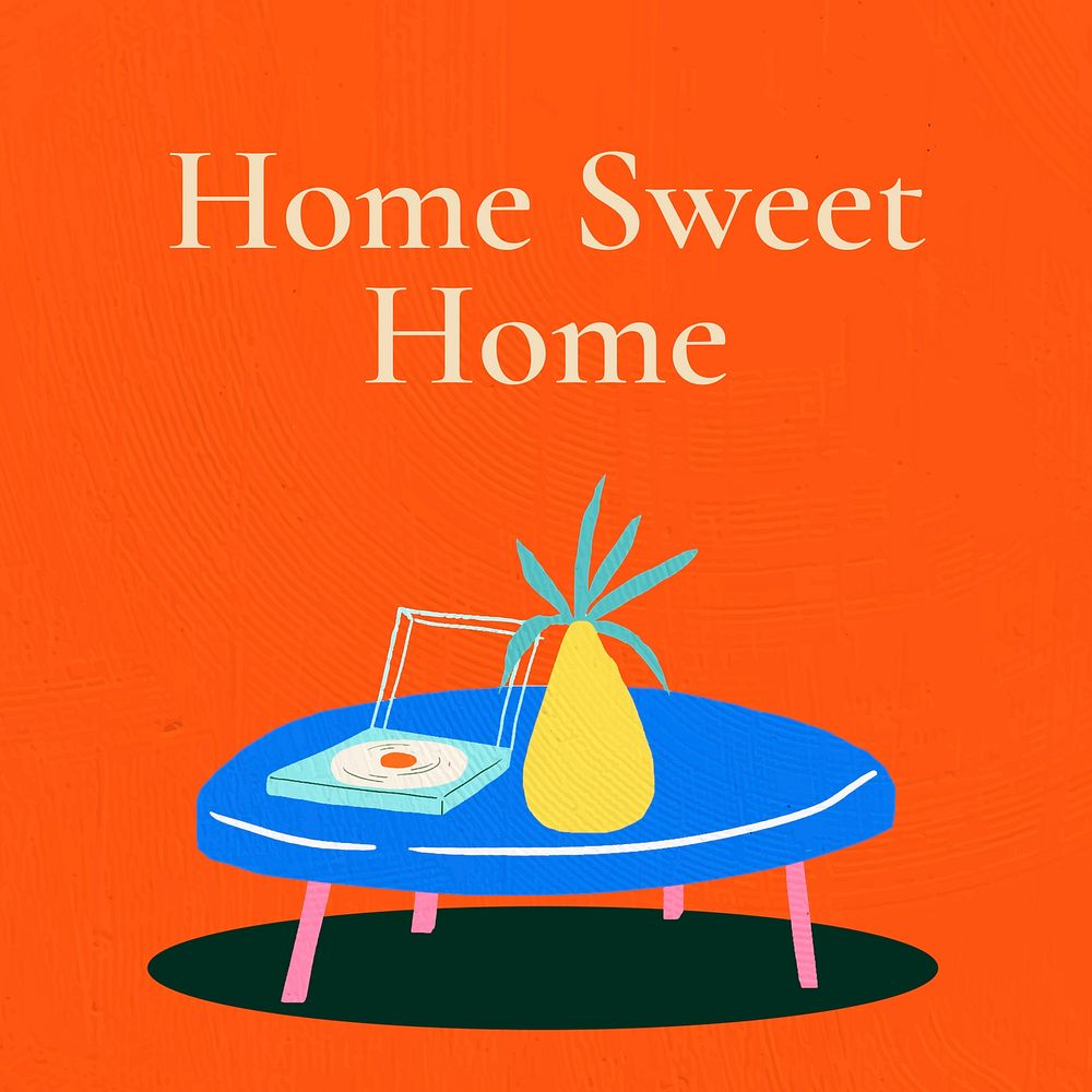 Home sweet home quote on colorful hand drawn interior flat graphic background