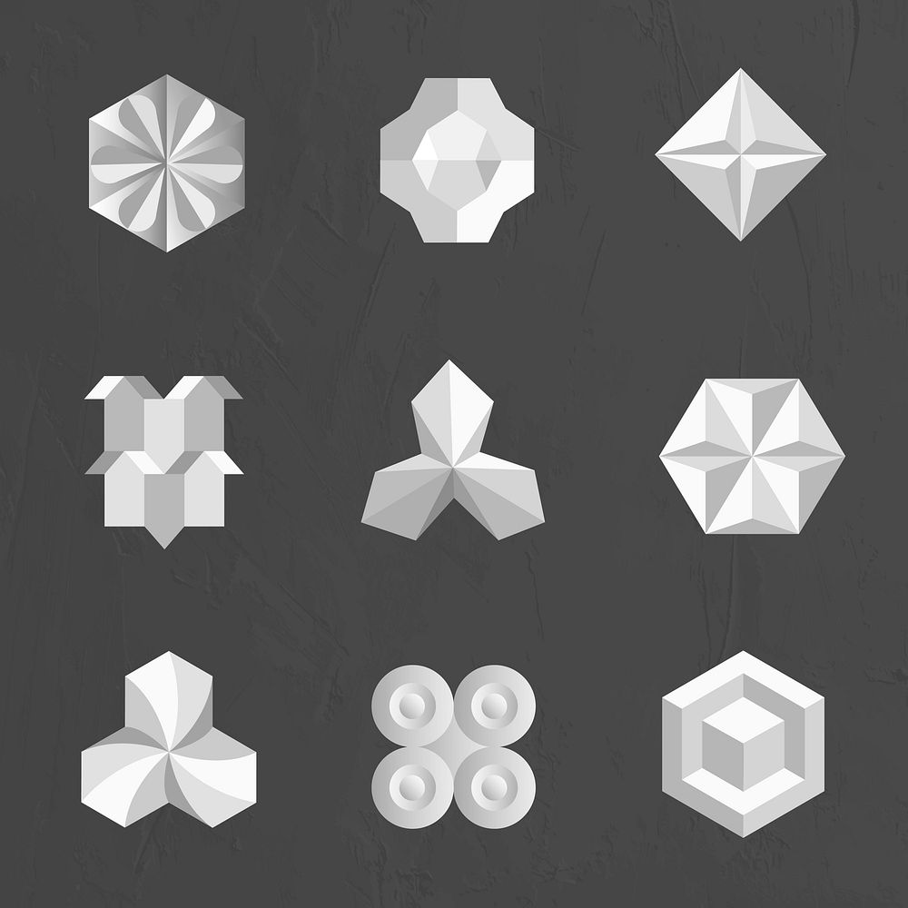 3D geometric shapes vector in grey abstract style set