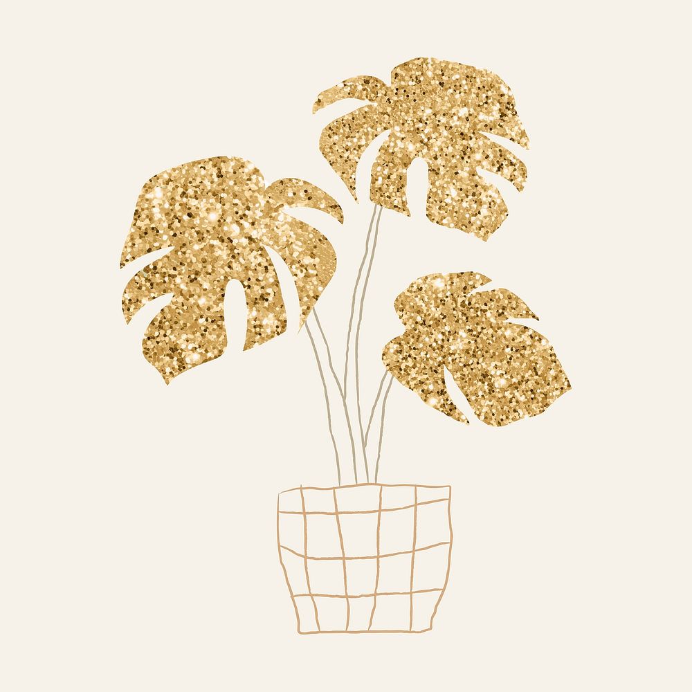 Gold houseplant monstera hand drawn doodle