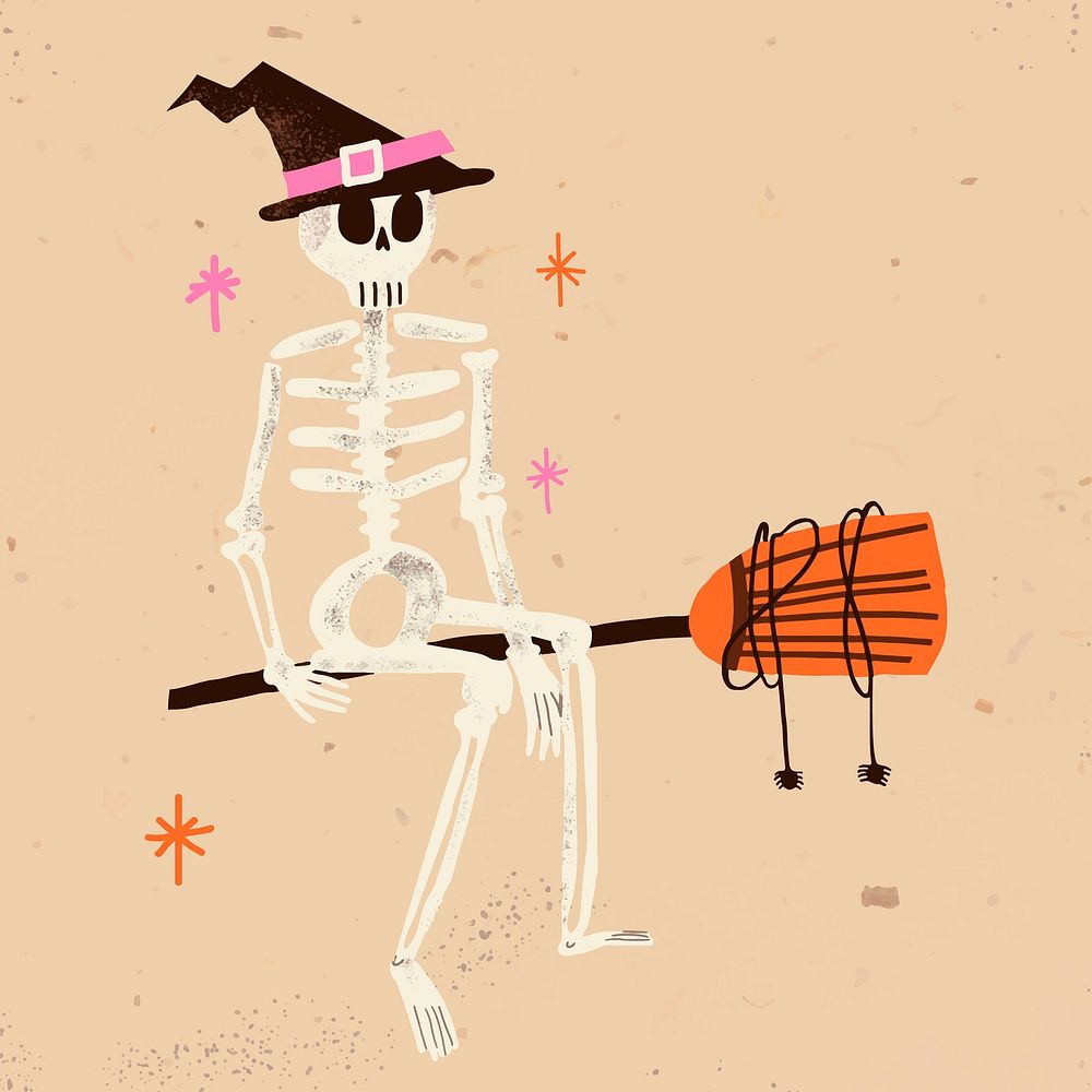 Halloween skeleton wearing witch hat, cute hand drawn illustration