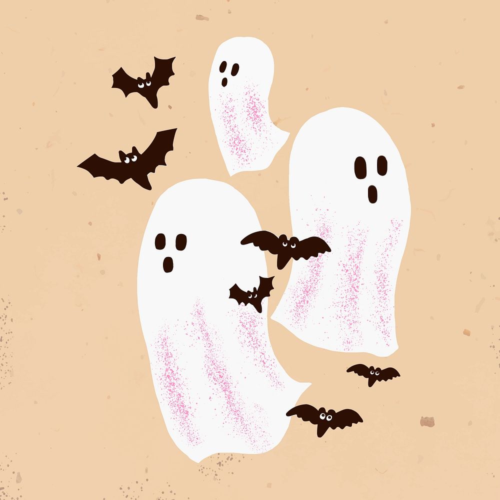 Cartoon white ghosts with bats cute hand drawn illustration
