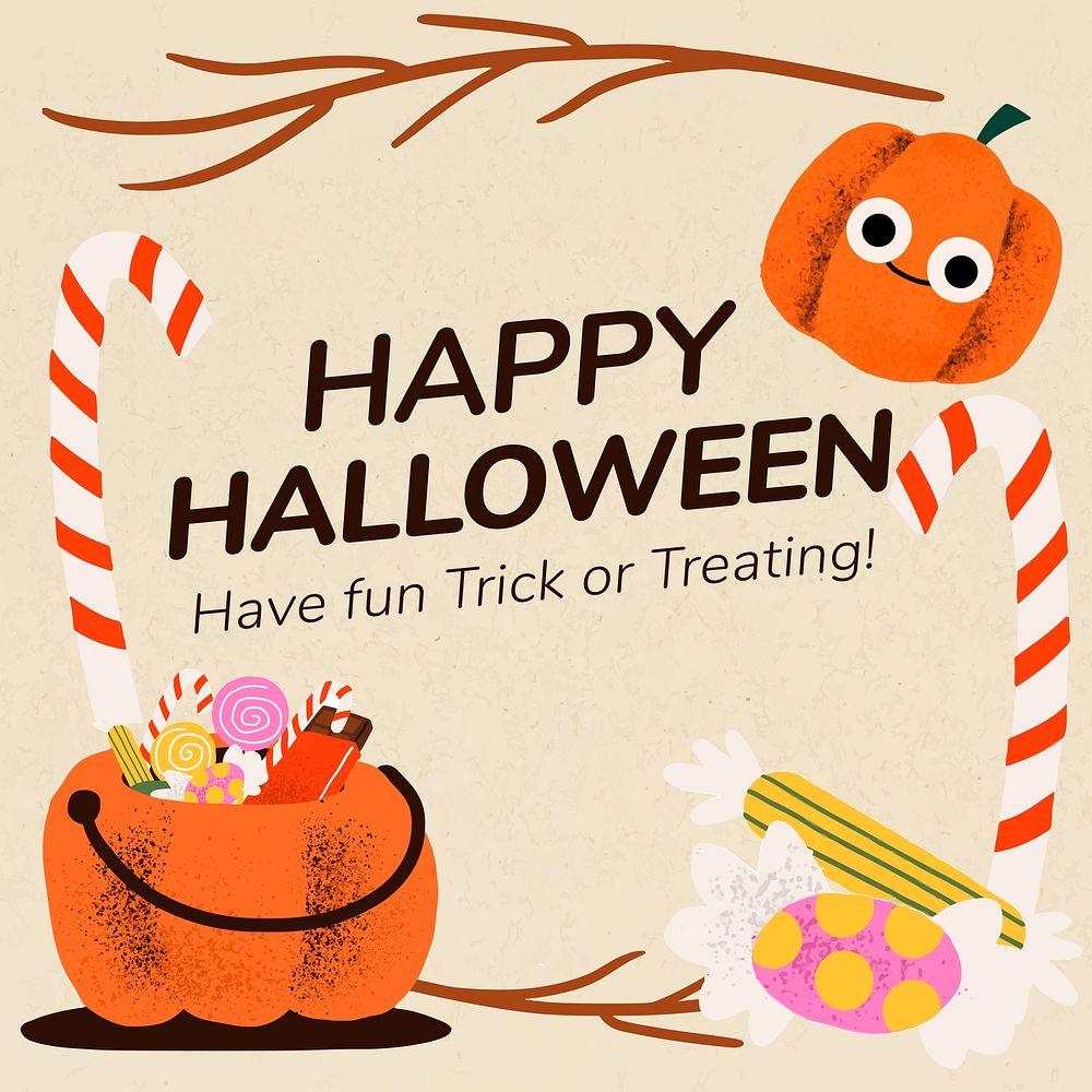 Happy Halloween social media post, cute pumpkins illustration