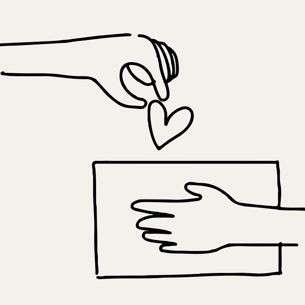 Charity doodle vector hand giving heart/money, donation concept