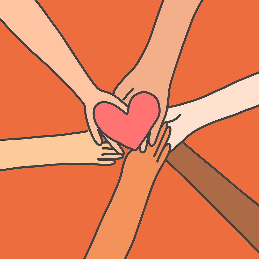 Charity doodle with hands sharing heart, supporting concept