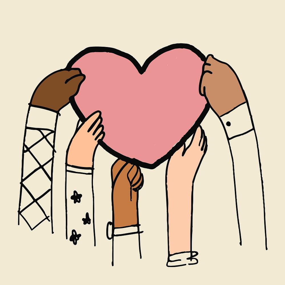 Charity doodle with hands sharing heart