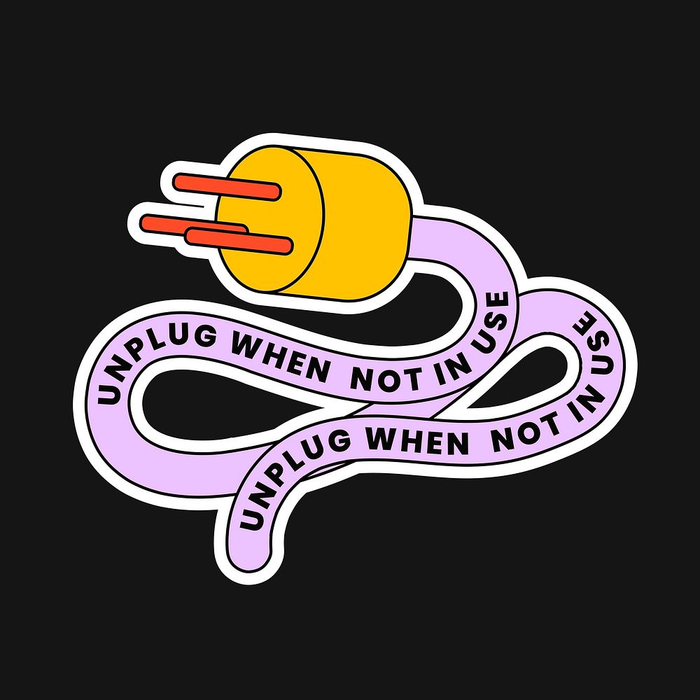 Colorful power plug badge illustration with unplug when not in use text