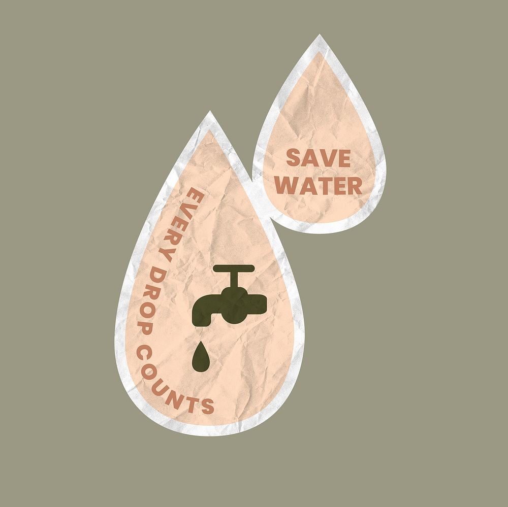 Save water badge illustration with every drop counts text on crinkled paper texture