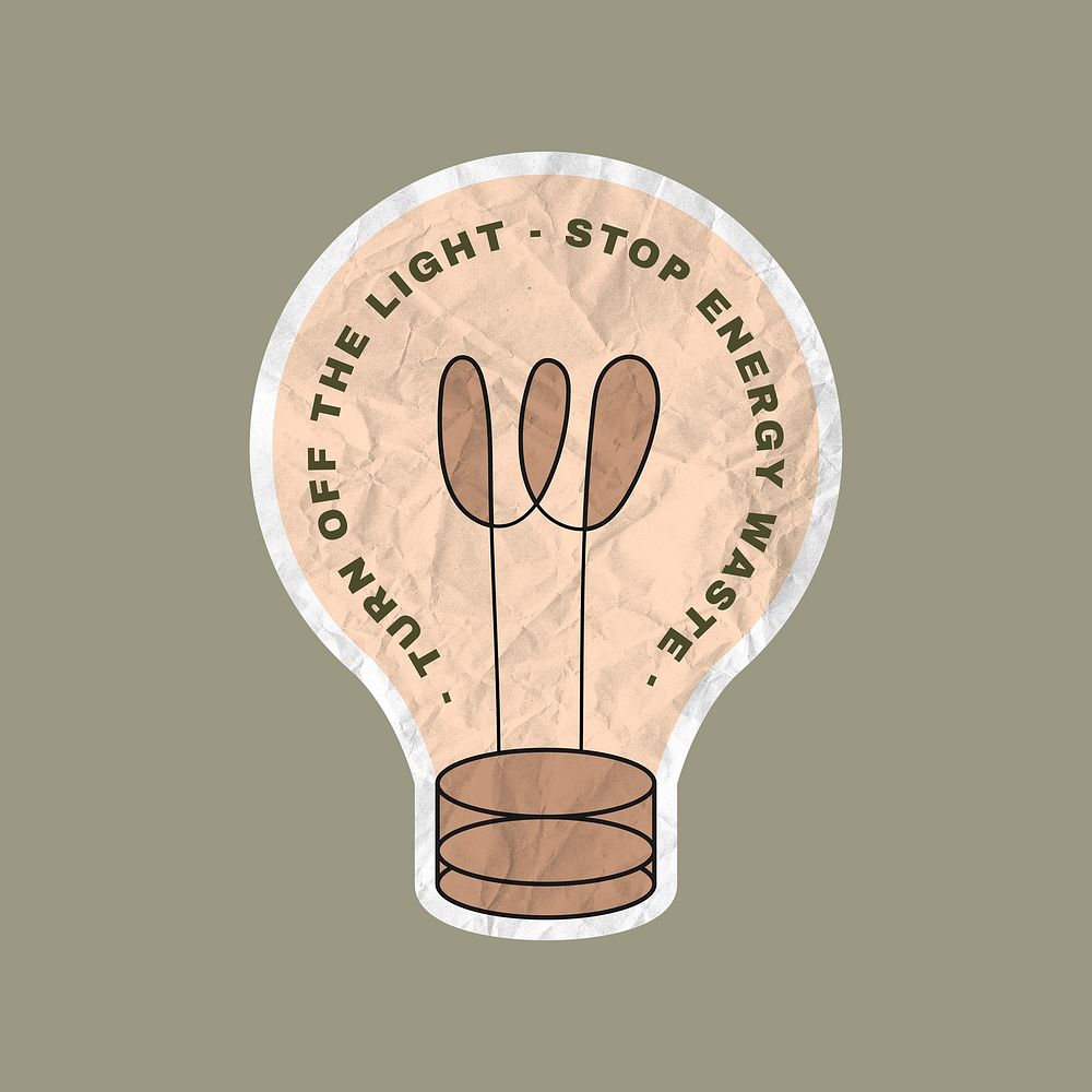 LED bulb badge illustration, energy saving awareness with turn off the light stop energy waste text in crinkled paper texture