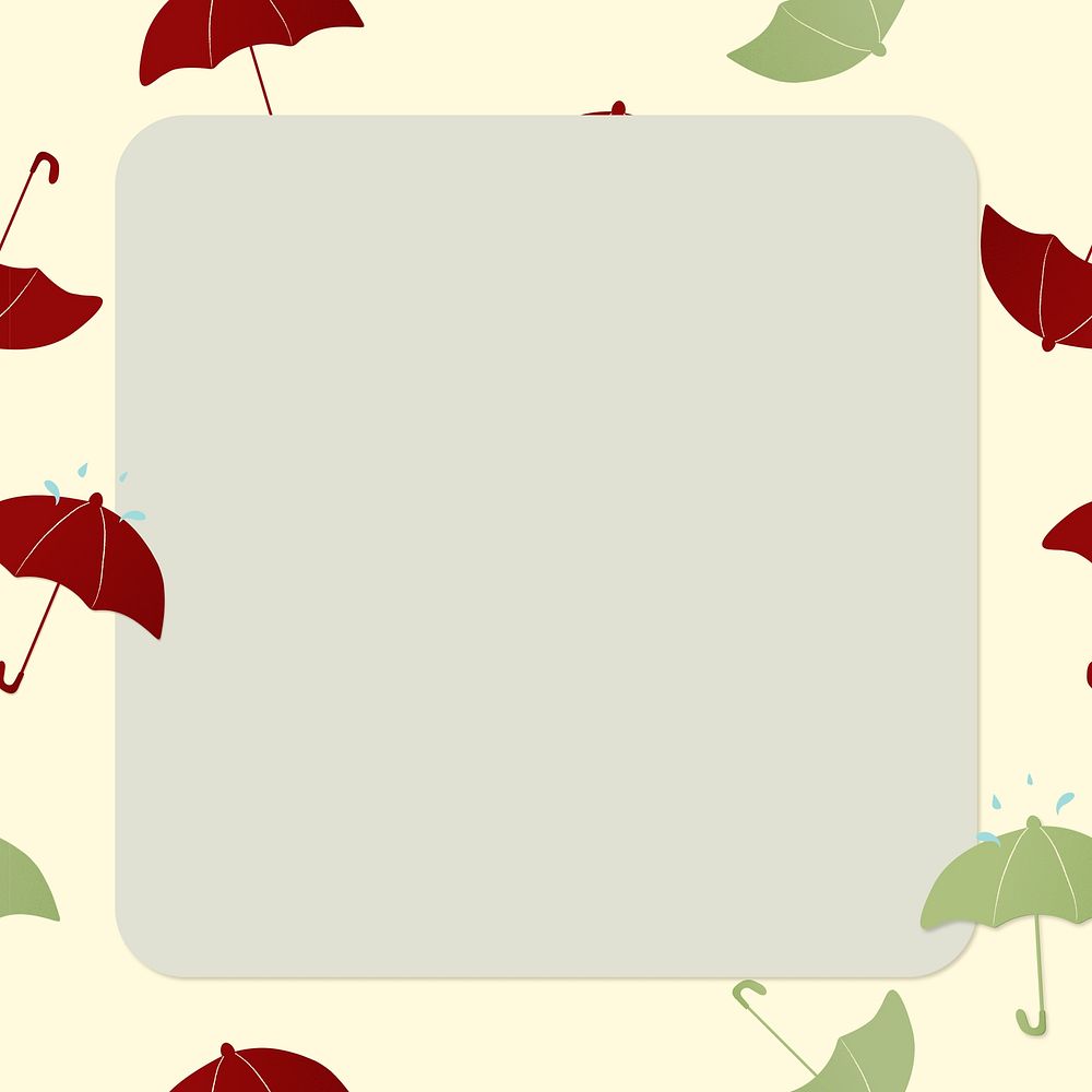 Green square frame, cute umbrella pattern weather vector clipart