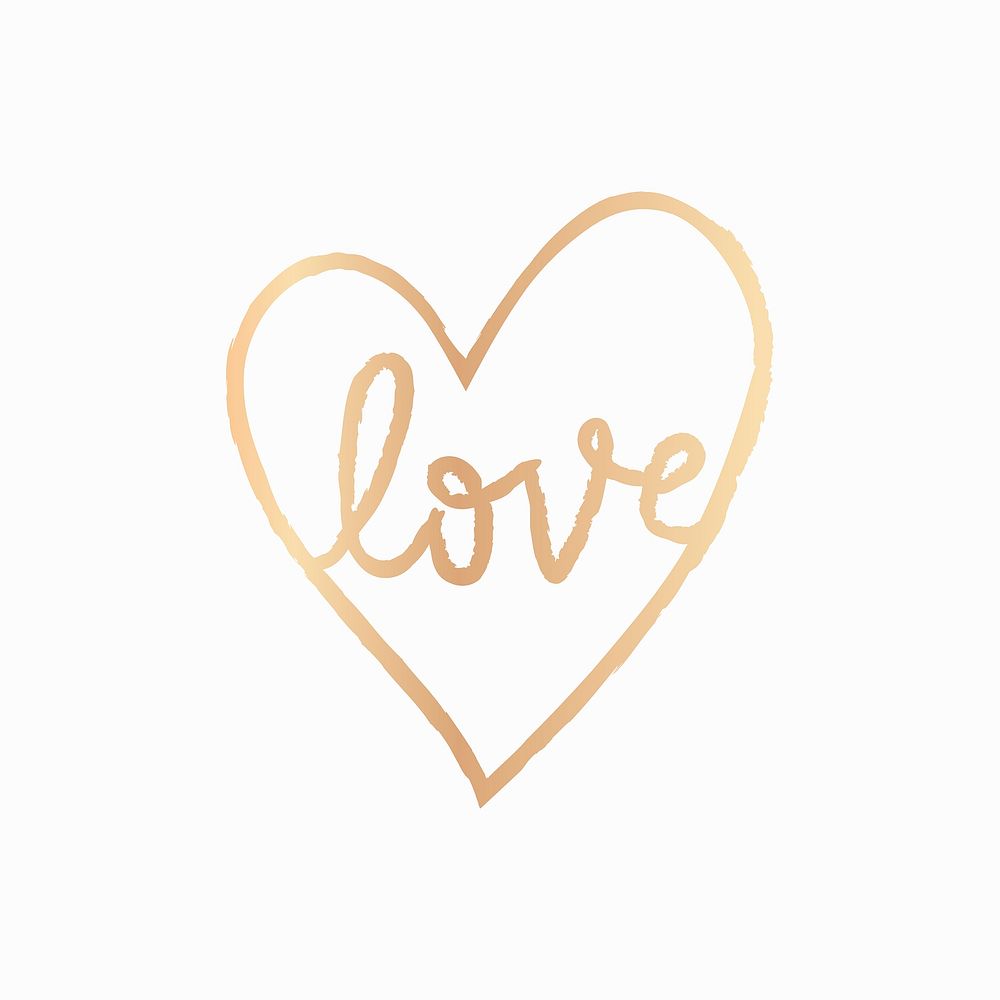 Gold heart icon love word, hand drawn doodle style
