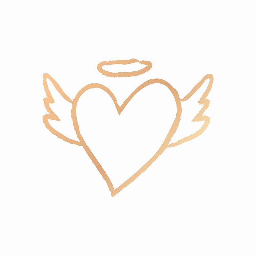 Golden heart icon, vector angel wings doodle illustration