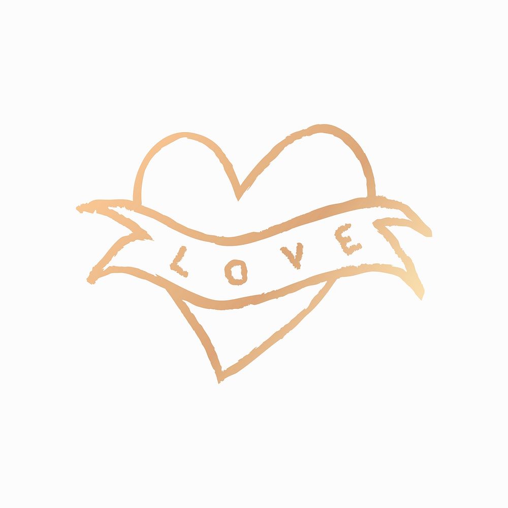 Gold heart icon love word, vector hand drawn doodle style