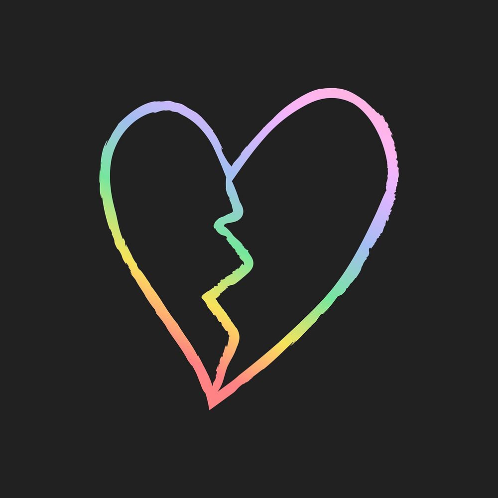 Broken heart vector, hand drawn style in holographic rainbow