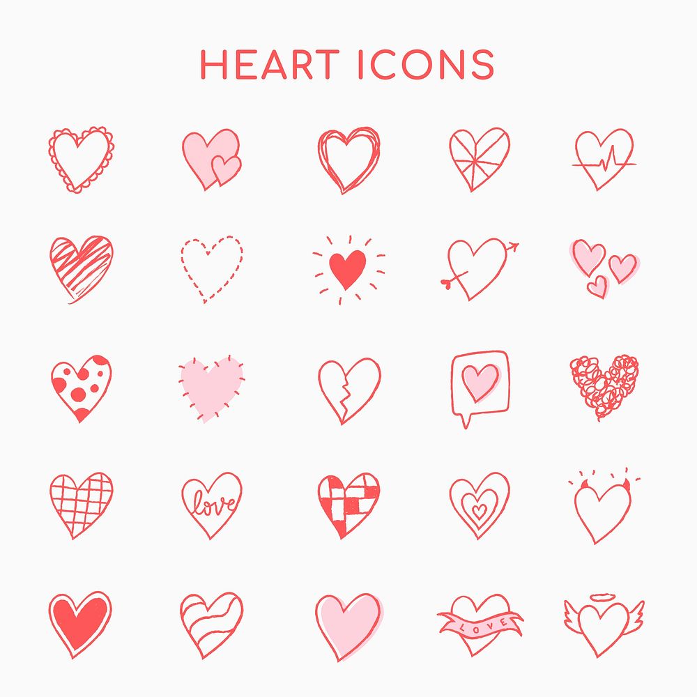 Heart icons, pink set in hand-drawn doodle style