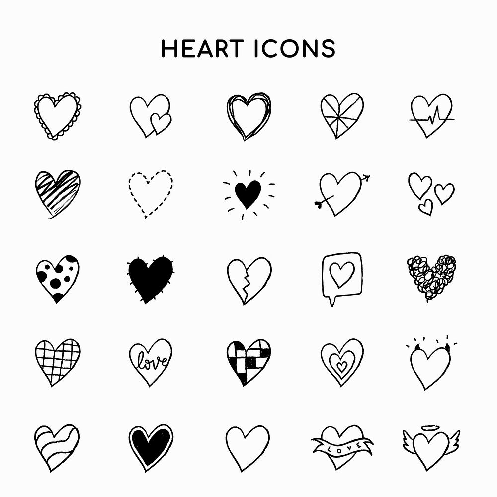 Heart icons set, simple doodle in hand-drawn style