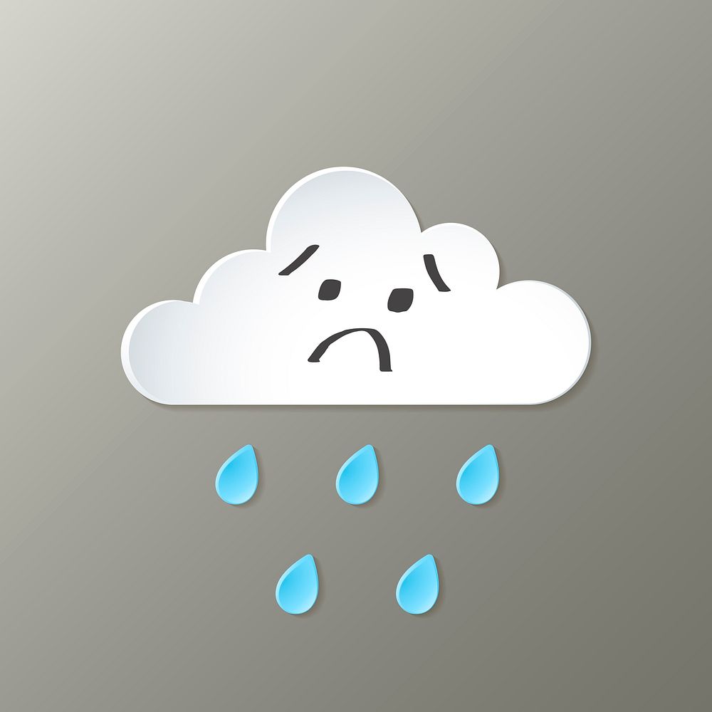 Cute sad cloud storm element, cute weather clipart vector on grey background