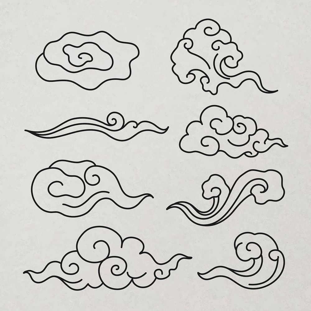 Traditional cloud sticker, black Chinese design clipart vector set