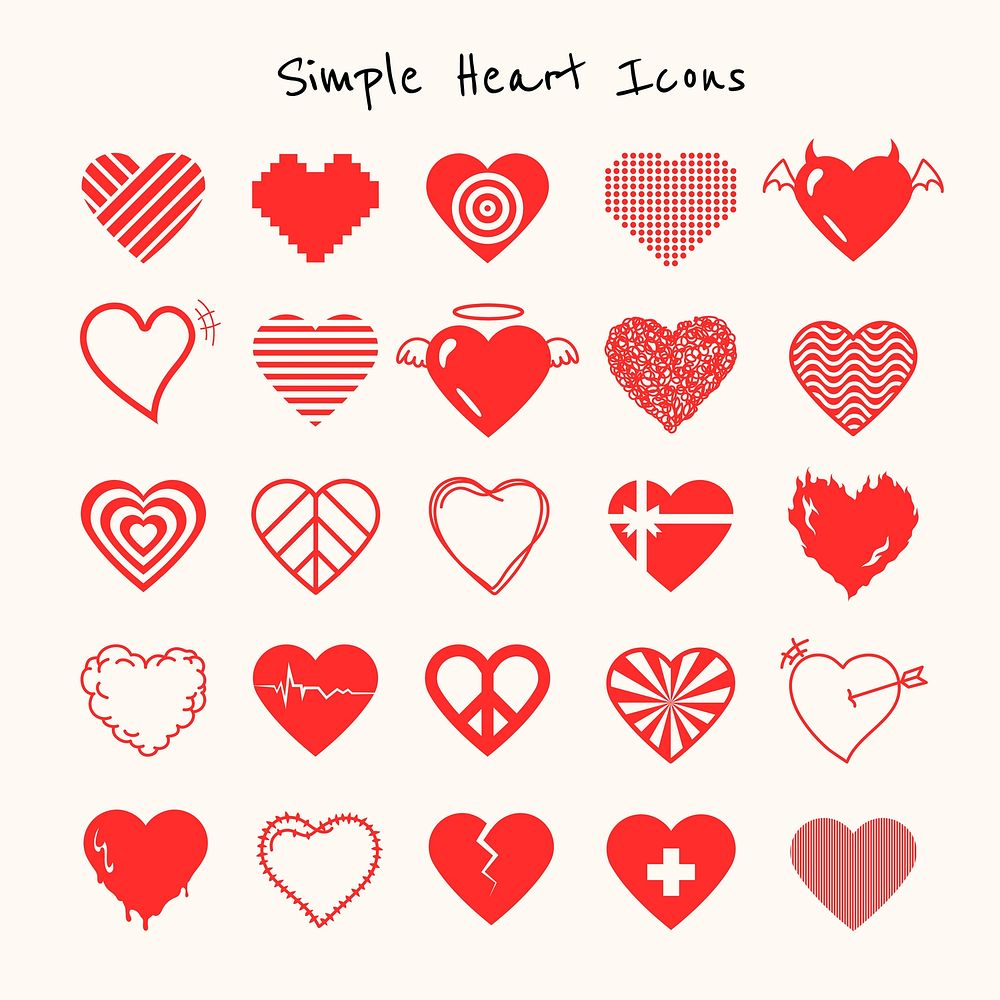 Red simple heart icon set