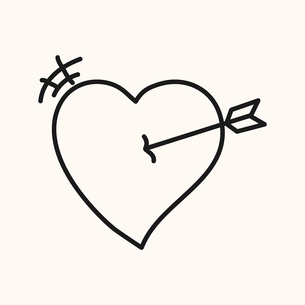 Doodle heart arrow, black simple design icon