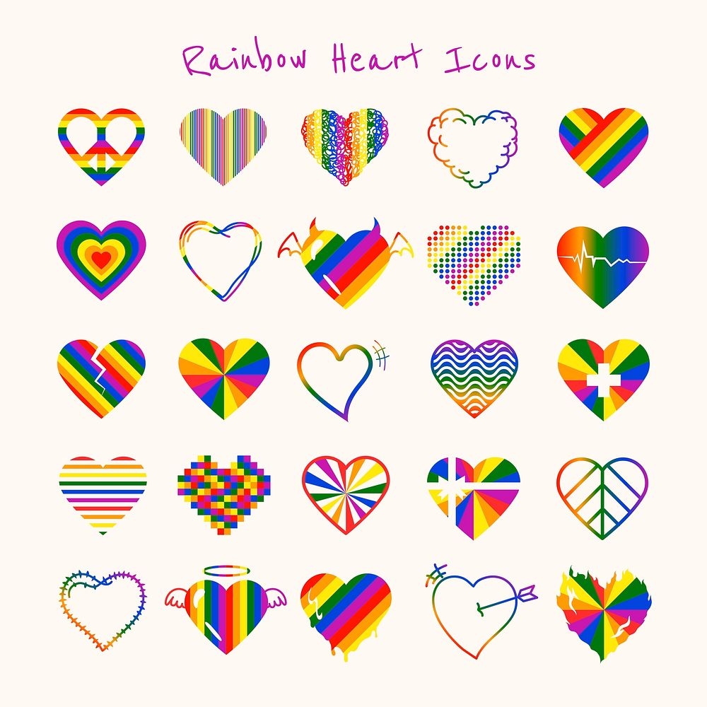 Rainbow heart, LGBT pride month icon set