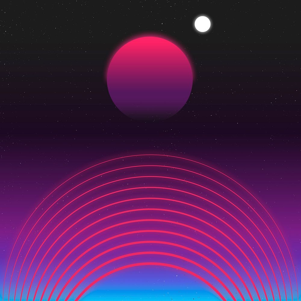 Retro futuristic background, pink neon gradient with galaxy illustration
