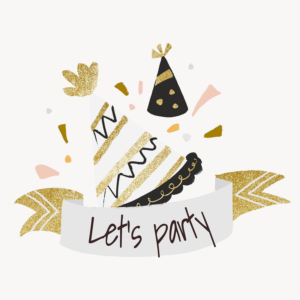Party hat, glitter gold, let's party, decoration confetti