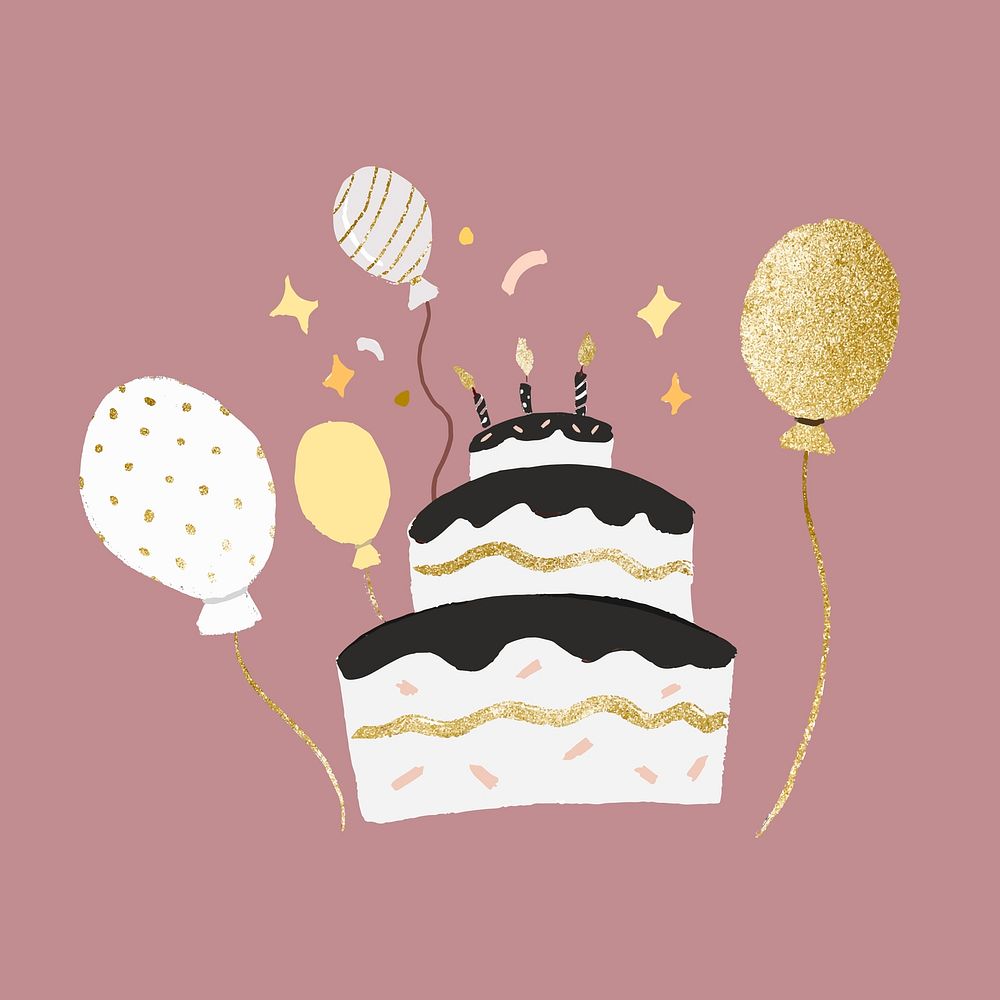 Birthday cake sticker, cute gold, element graphic vector