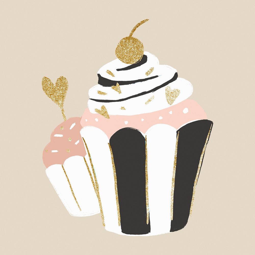 Cupcake, cute pastel pink, glitter gold cherry dessert