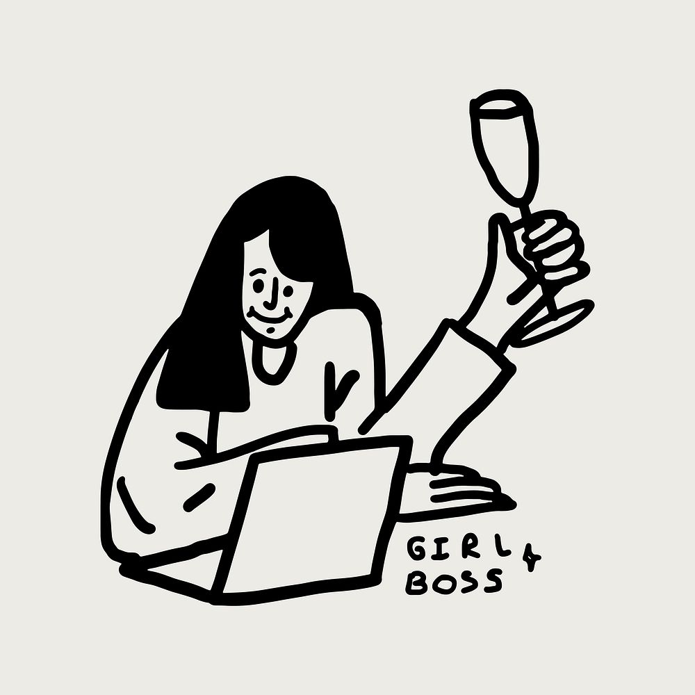 Girl boss illustration, woman character virtual celebration doodle