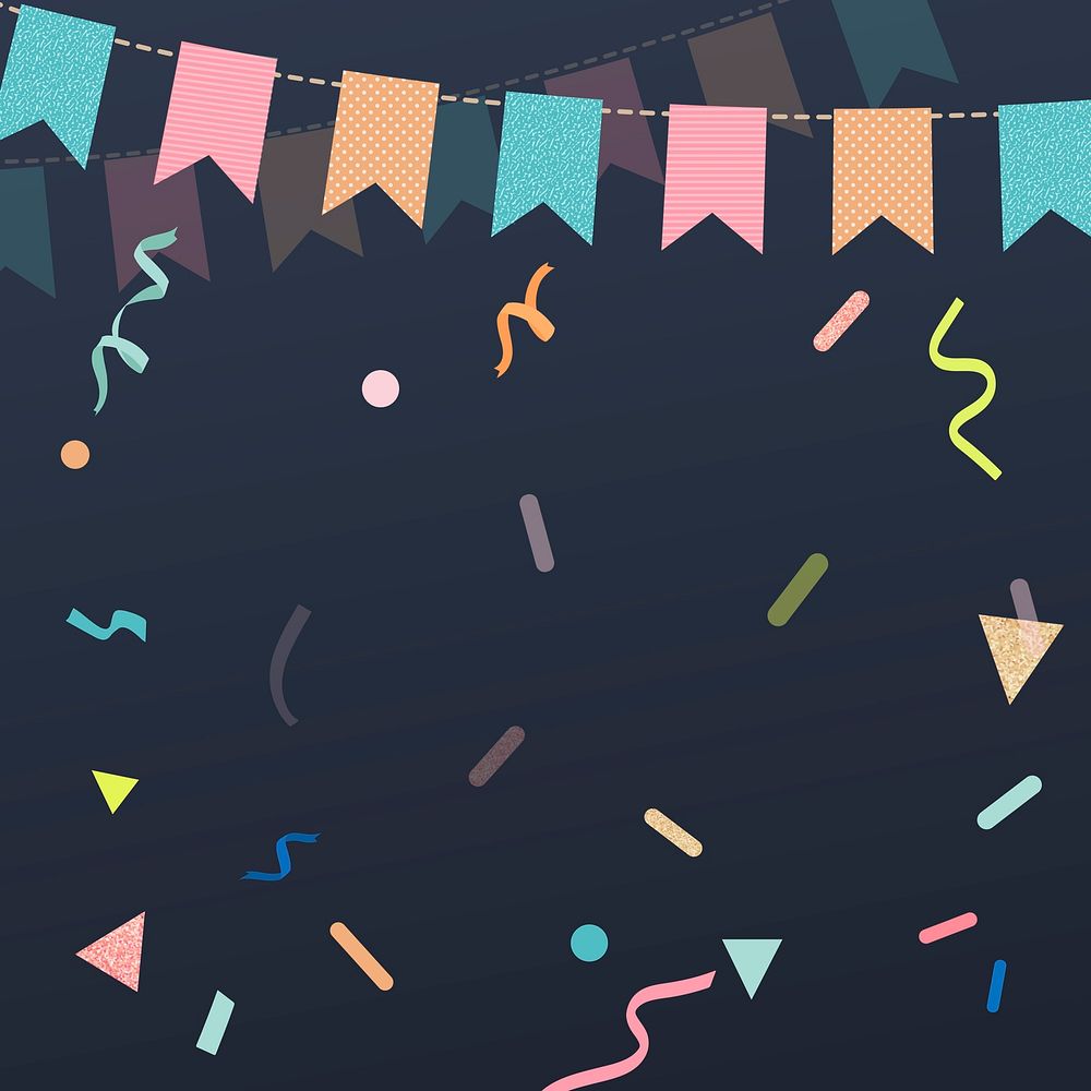 Black festive background, cute bunting border and ribbons vector