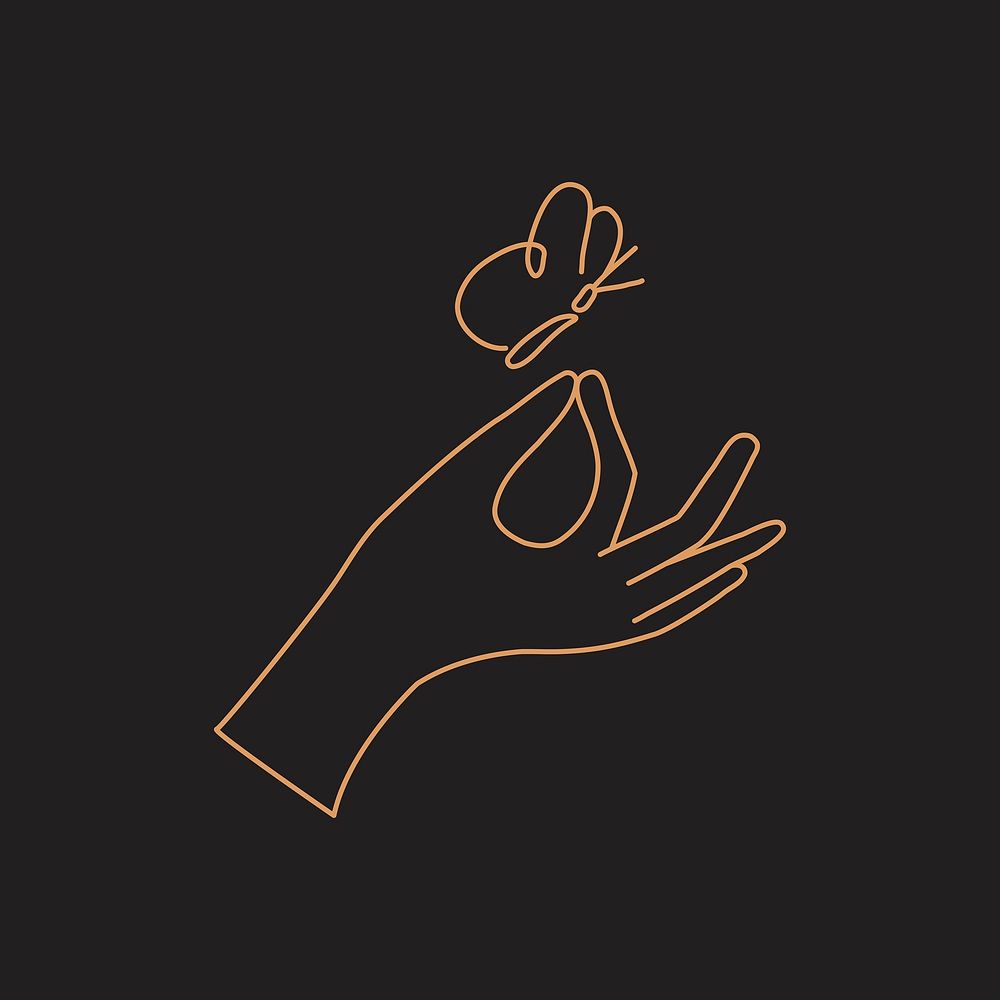 Minimal line art hand and butterfly, bronze illustration