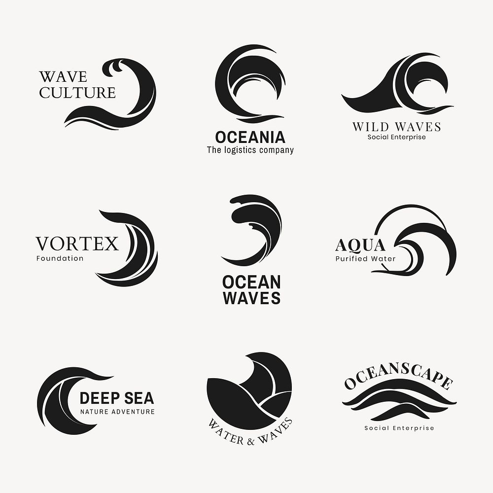 Wave business logo clipart, black water animated graphic set