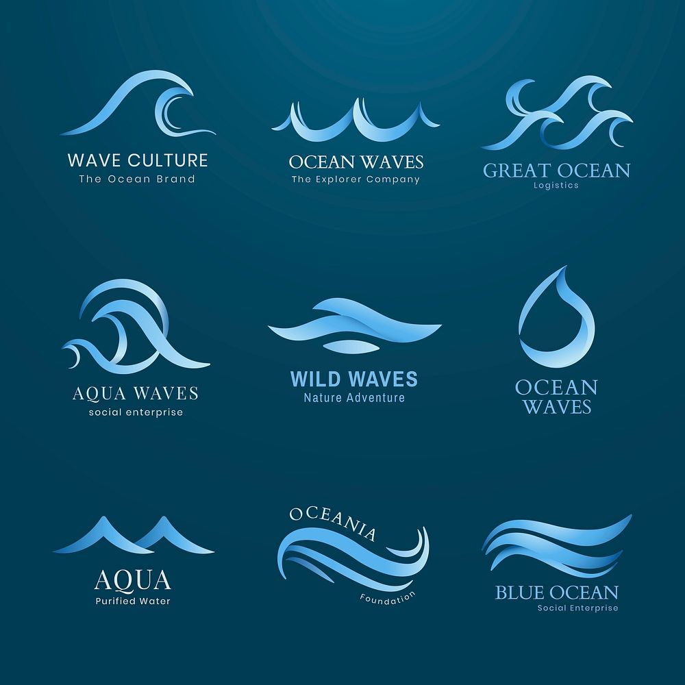 Wave business logo template, blue water animated graphic set