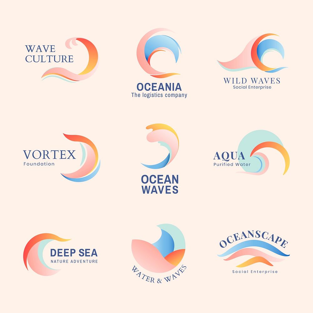 Wave business logo template, colorful water animated graphic set