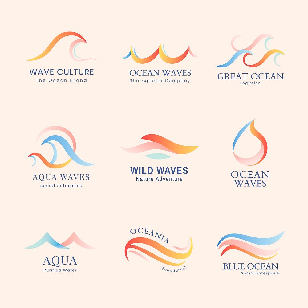 Wave business logo template, colorful water animated graphic set