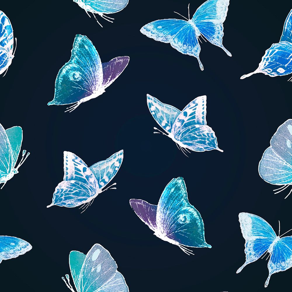 Neon butterfly pattern seamless vector, holographic blue design on black