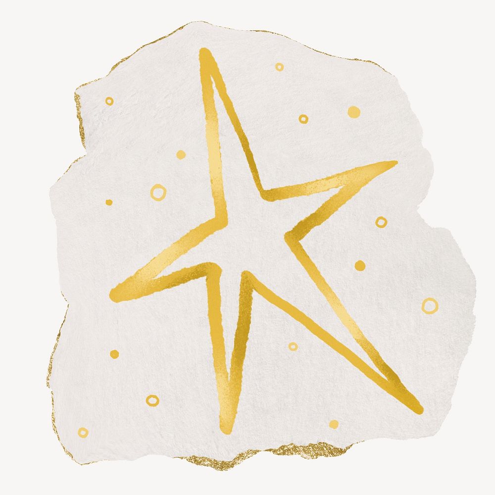 Gold star, ripped paper collage element 