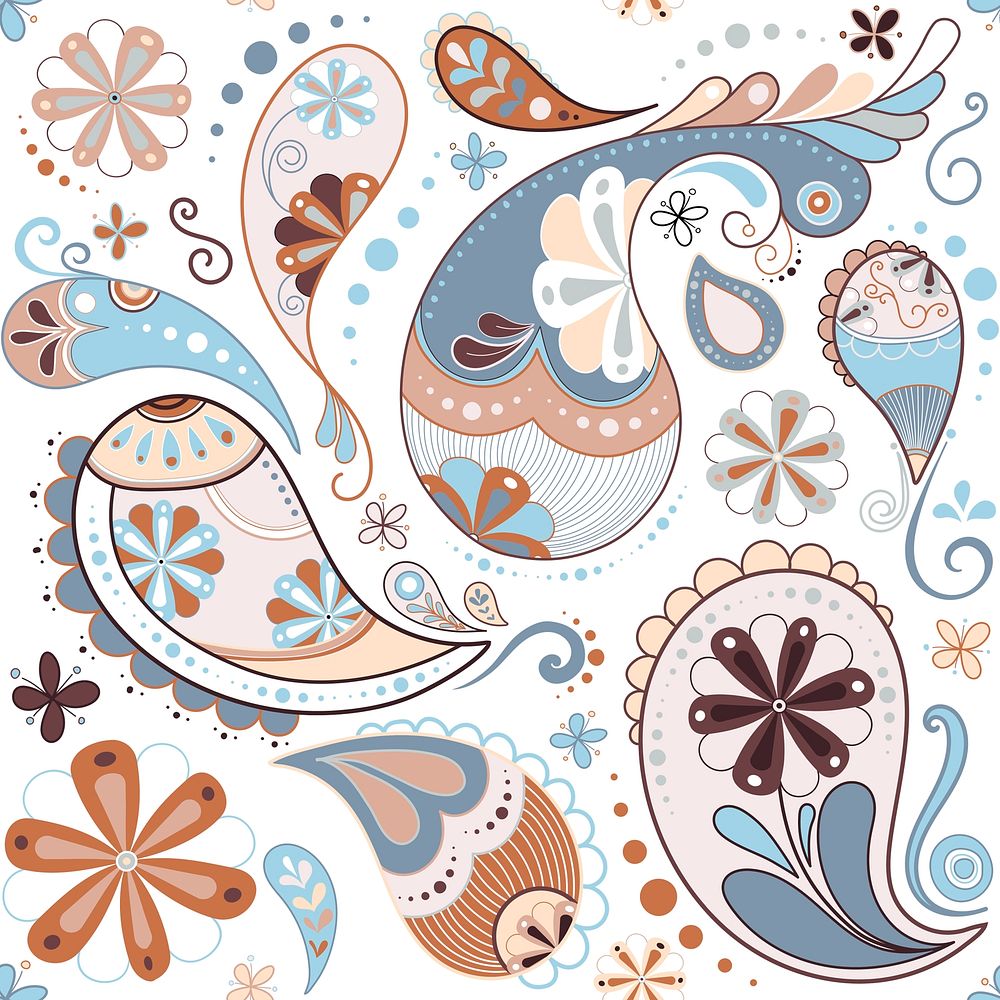 Pastel paisley background, blue Indian abstract pattern