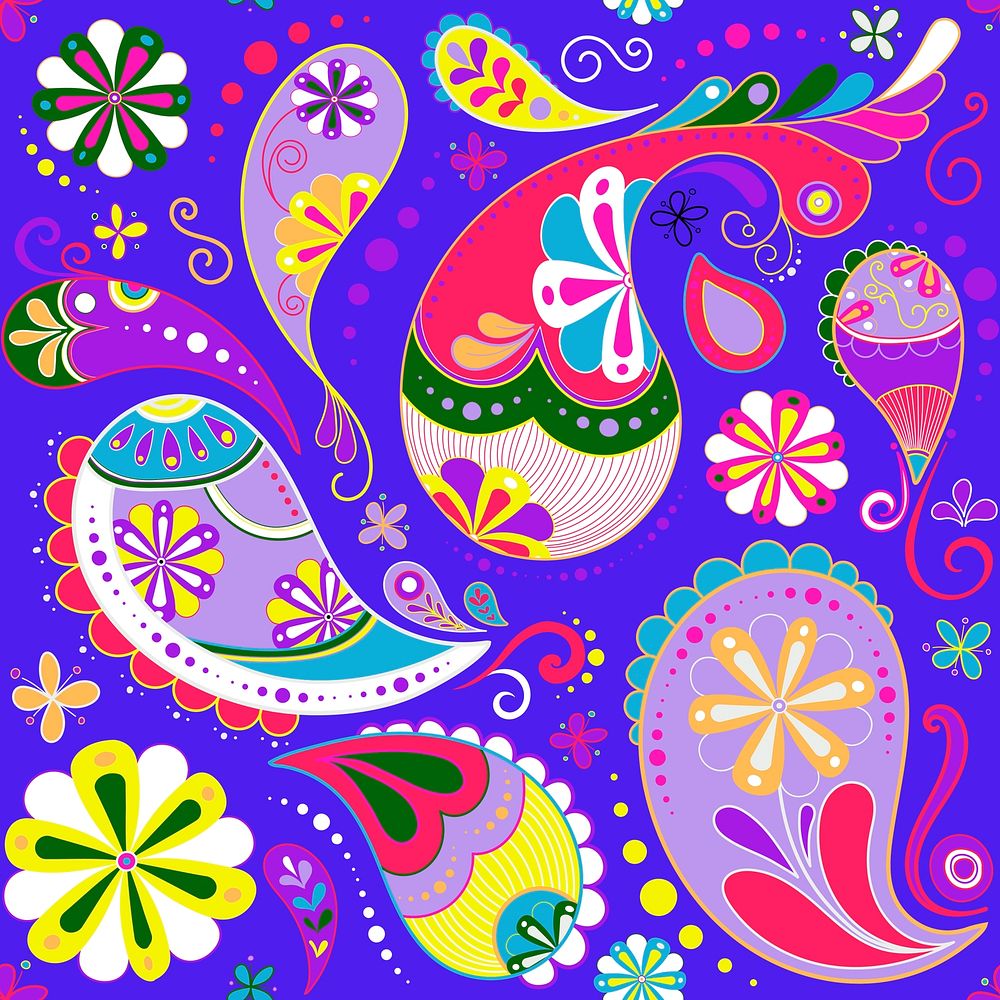 Neon paisley background, purple Indian abstract pattern
